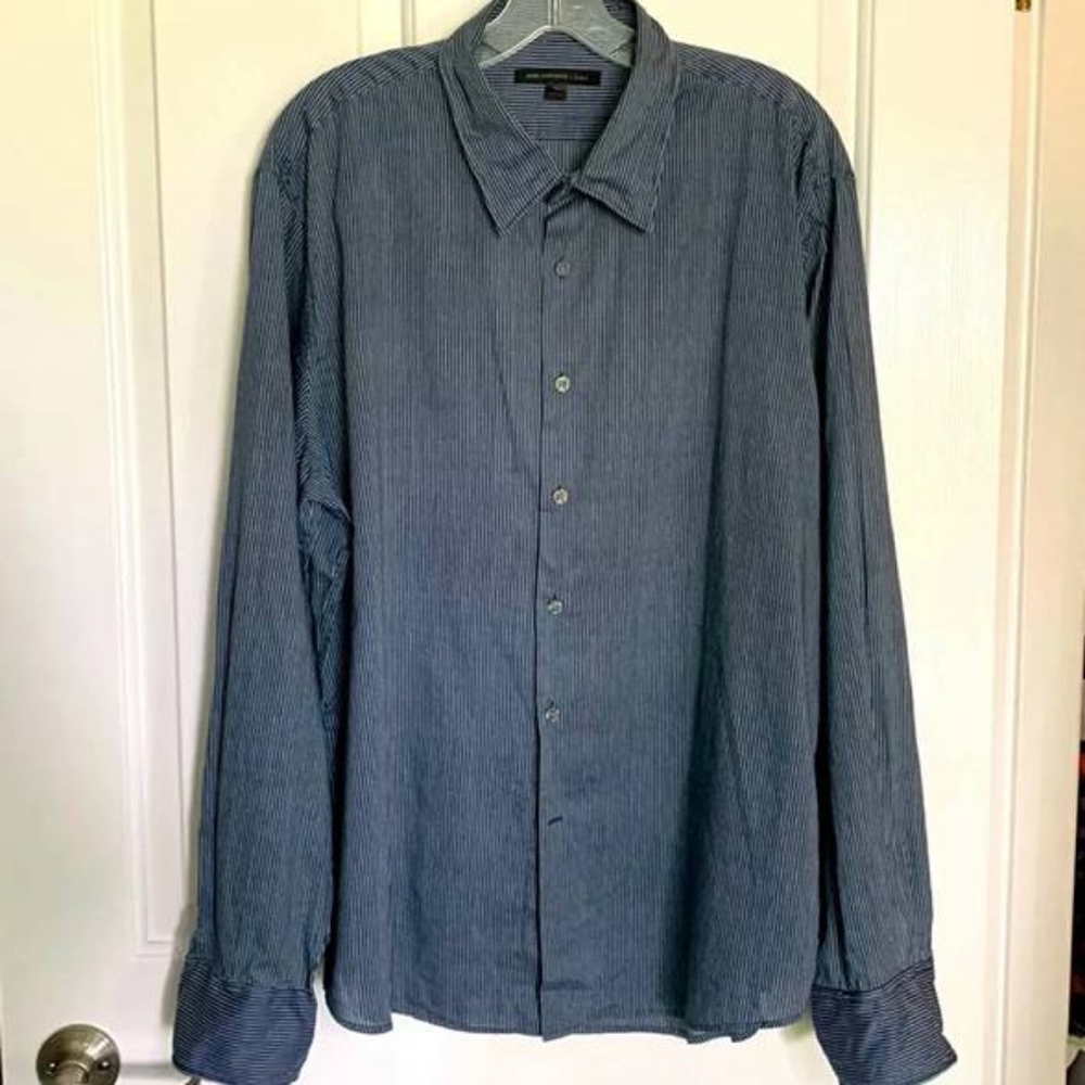 EUC MENS   NAVY WITH WHITE STRIPES COTTON SHIRT SIZE XL SEE NOTES